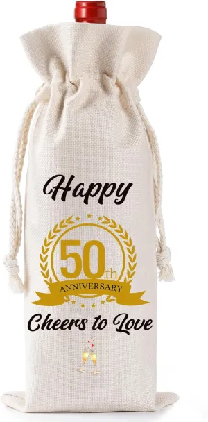 50th Anniversary Wedding Gifts Bag - Happy 50th Marriage Anniversary Drawstring Burlap Wine Bottle Bags for Parents Couple Gift Wine Bag for Husband Wife Valentine Christmas Thanksgiving