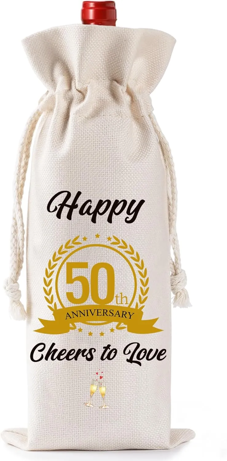 50th Anniversary Wedding Gifts Bag - Happy 50th Marriage Anniversary Drawstring Burlap Wine Bottle Bags for Parents Couple Gift Wine Bag for Husband Wife Valentine Christmas Thanksgiving