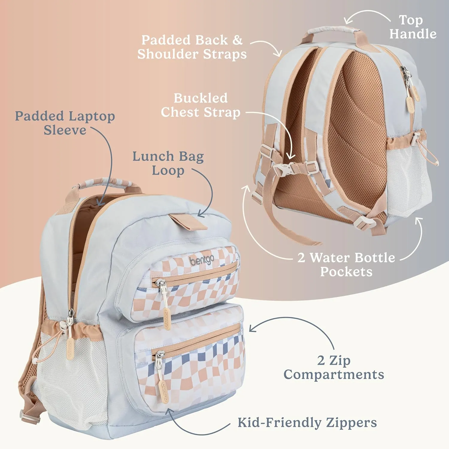Bentgo Kids Backpack (Whimsy & Wonder Collection) - Lightweight 14 for School, Travel & Daycare - Ideal for Kids 4 , Durable & Water-Resistant, Roomy Interior, Loop for Lunch Bag (Checker Gradient)