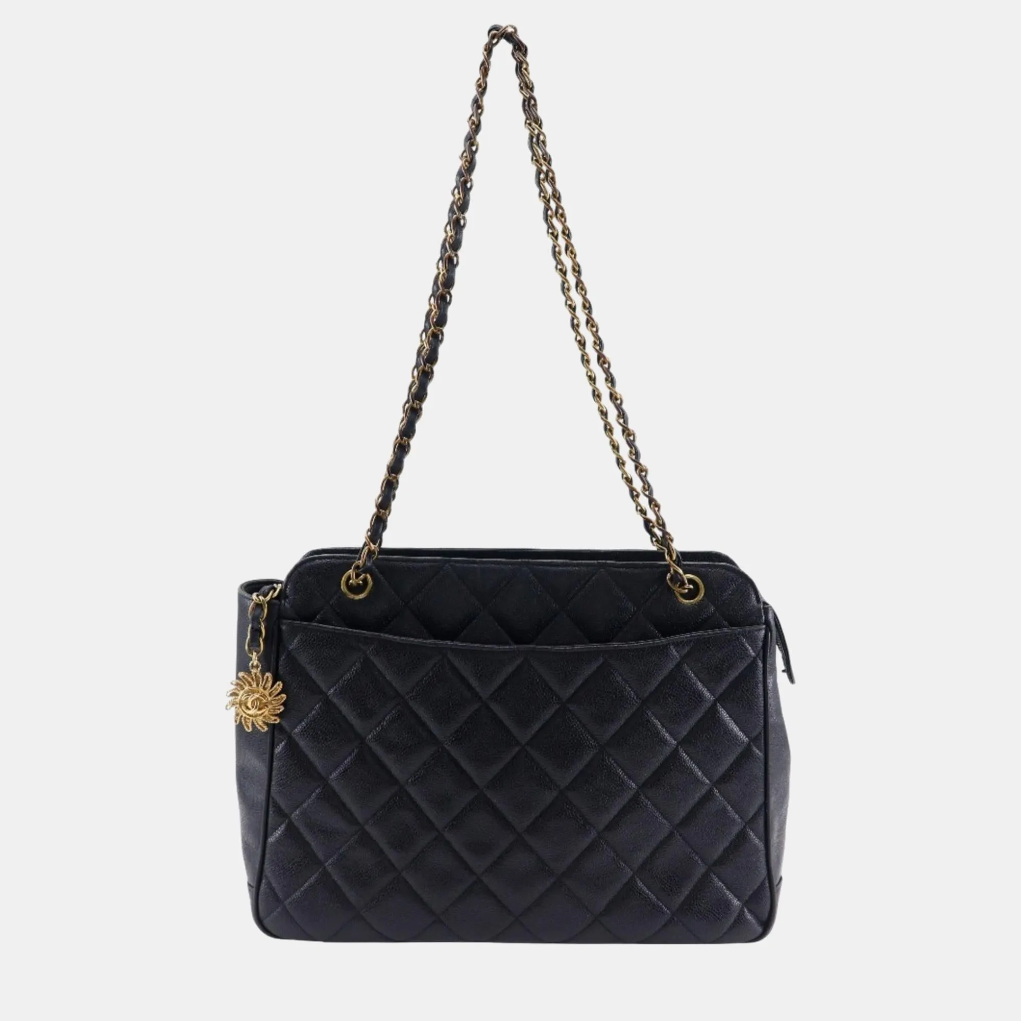 Black Caviar Leather Quilted Chain Shoulder Bag