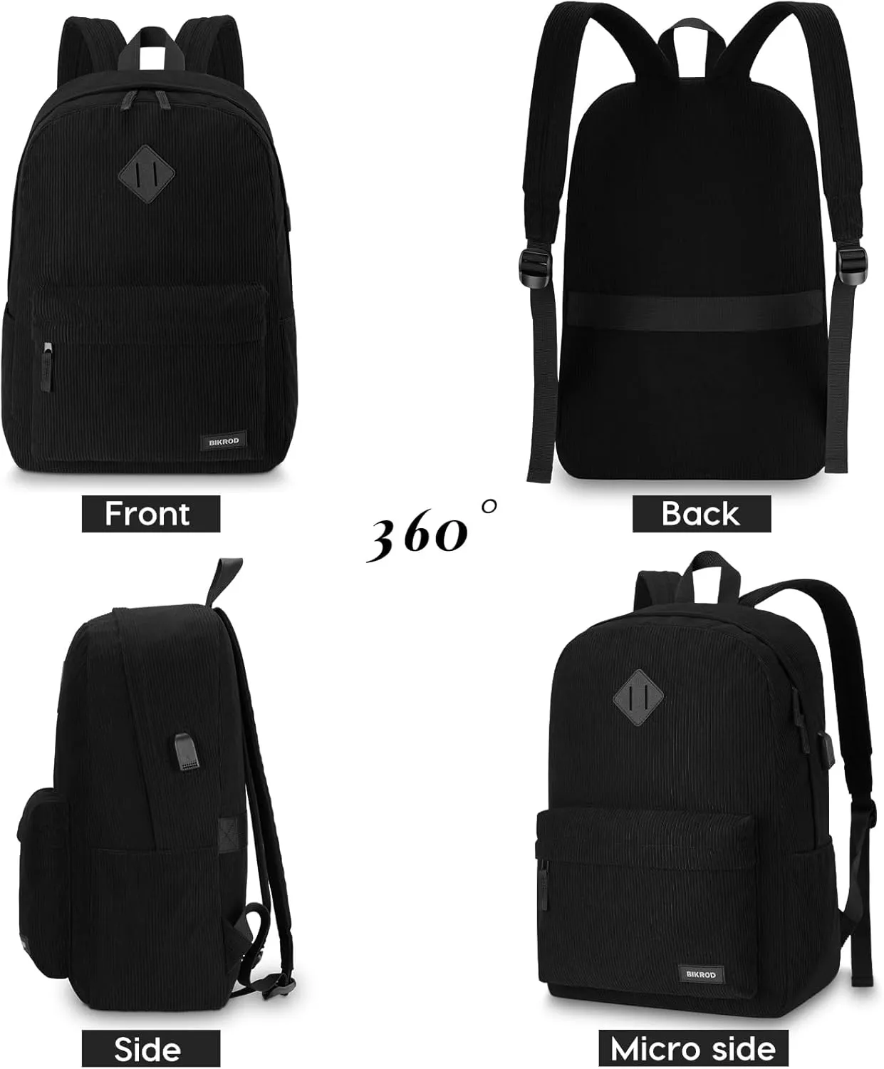 Black Lightweight Corduroy Backpack for School, Teens, Men and Women - Large Cute Bookbag With USB Charging Port, Fits 15.6 Inch Notebook