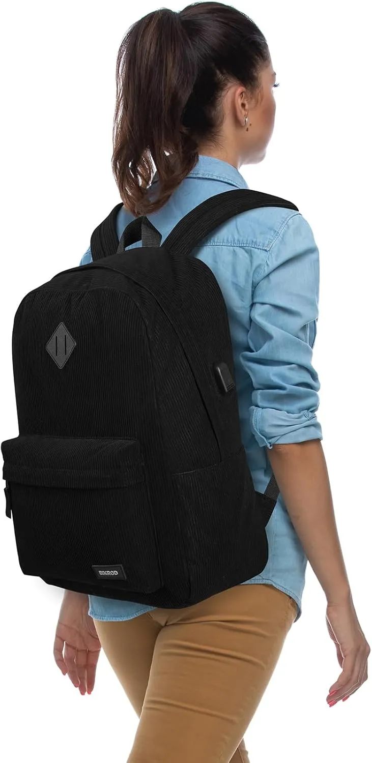 Black Lightweight Corduroy Backpack for School, Teens, Men and Women - Large Cute Bookbag With USB Charging Port, Fits 15.6 Inch Notebook