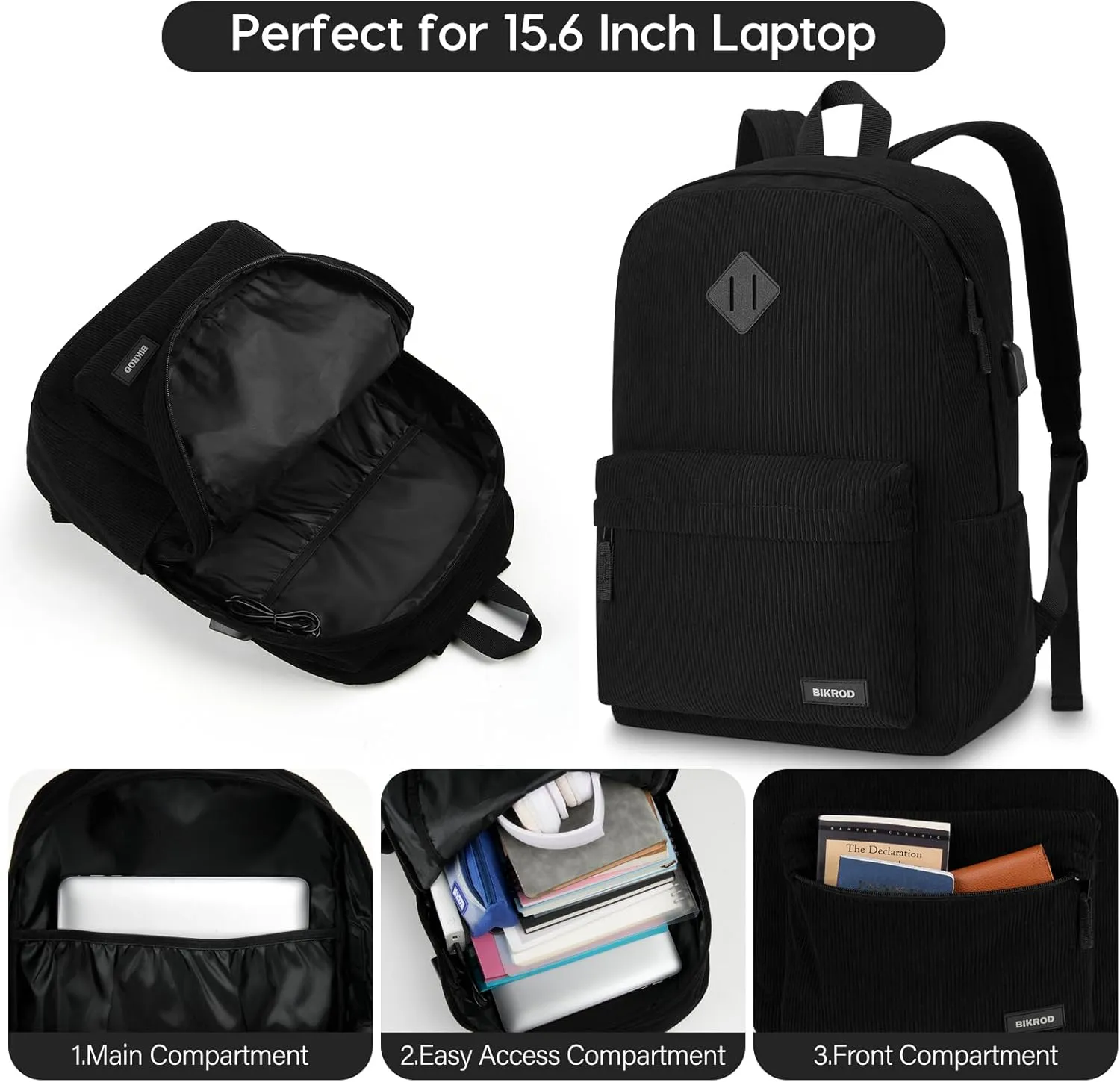 Black Lightweight Corduroy Backpack for School, Teens, Men and Women - Large Cute Bookbag With USB Charging Port, Fits 15.6 Inch Notebook
