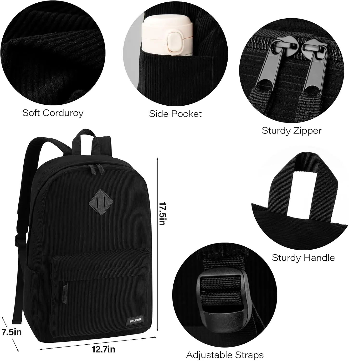 Black Lightweight Corduroy Backpack for School, Teens, Men and Women - Large Cute Bookbag With USB Charging Port, Fits 15.6 Inch Notebook