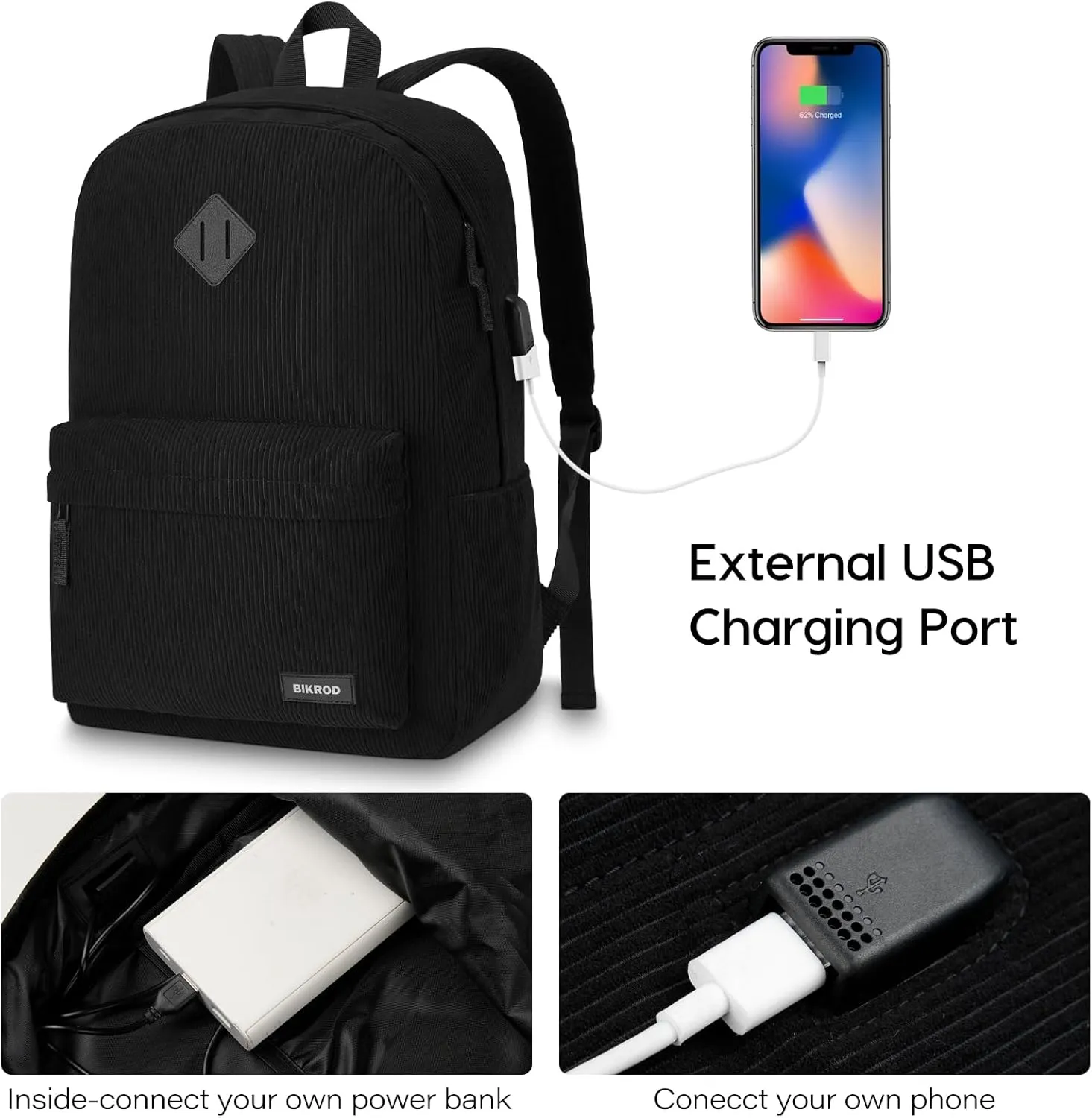 Black Lightweight Corduroy Backpack for School, Teens, Men and Women - Large Cute Bookbag With USB Charging Port, Fits 15.6 Inch Notebook