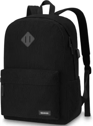 Black Lightweight Corduroy Backpack for School, Teens, Men and Women - Large Cute Bookbag With USB Charging Port, Fits 15.6 Inch Notebook
