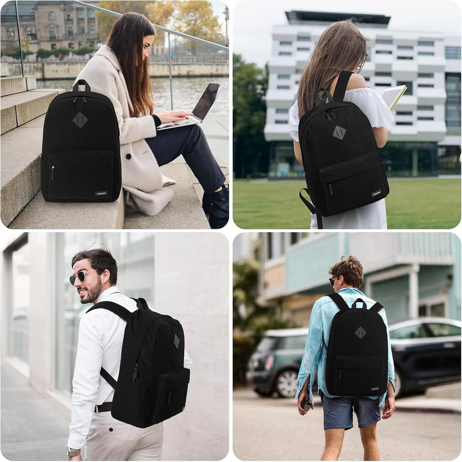 Black Lightweight Corduroy Backpack for School, Teens, Men and Women - Large Cute Bookbag With USB Charging Port, Fits 15.6 Inch Notebook