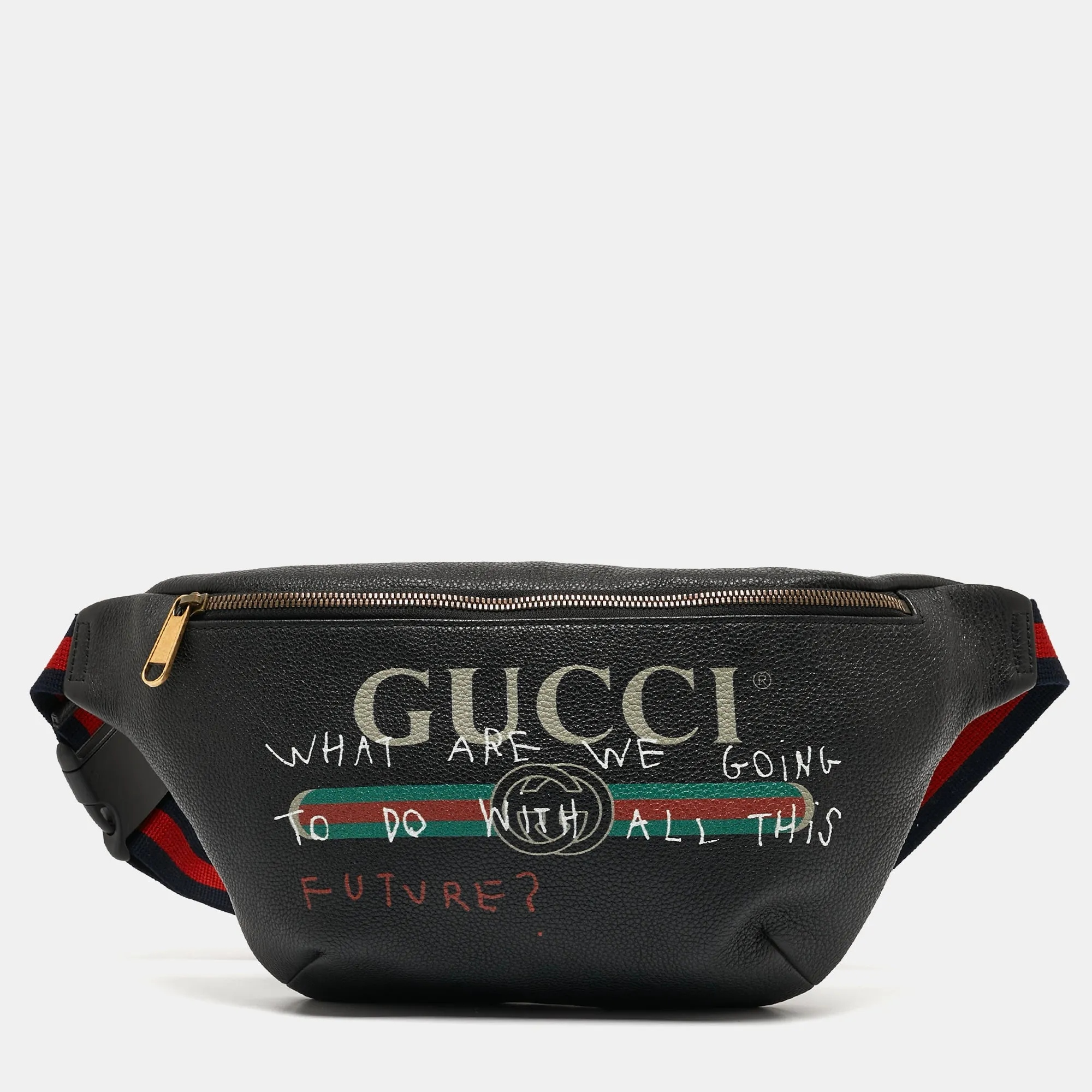 Black Pebbled Leather Logo Web Belt Bag