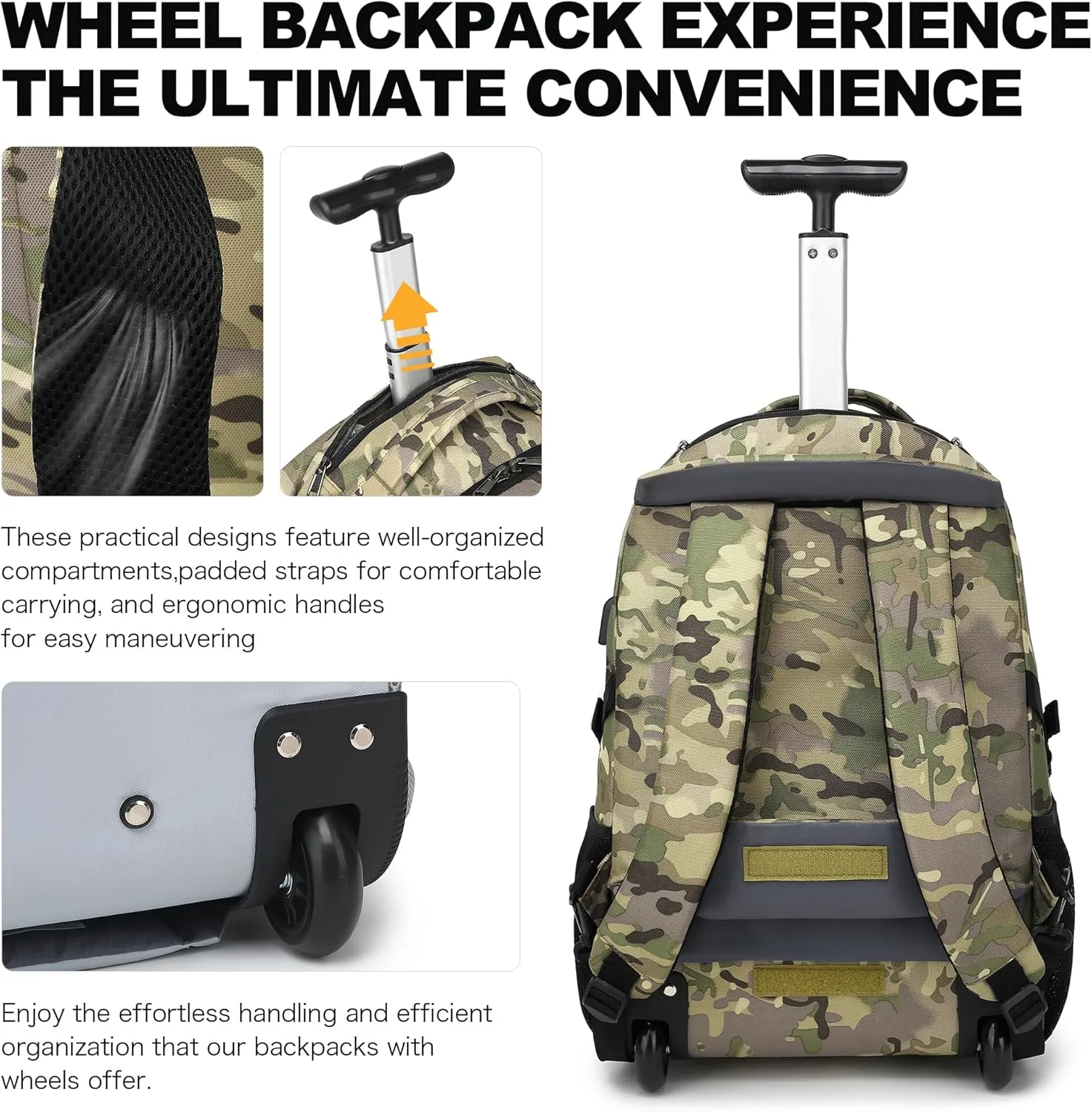 Boavan Rolling Backpack,17 inch Water Resistant Wheeled Backpack,Carry on Luggage Business Bag, Overnight College Computer Backpack Trolley Suitcase for Men Women Adults to Travel
