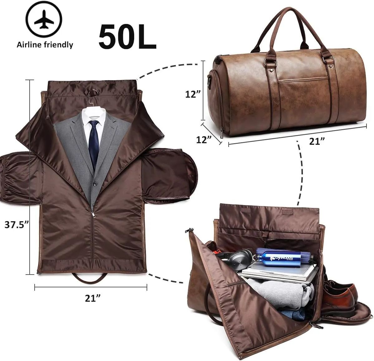 BOLOSTA Carry on Garment Bags for Travel Leather Garment Duffle Bag Convertible Mens Suit Travel Bags with Shoe Compartment,Waterproof,Perfect for Business Travel/Husband Gifts (Brown)