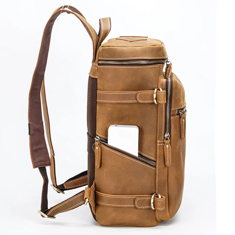 Brown Large Black Crazy Horse Leather Retro School Genuine Travel Laptop Backpack Bag for Men