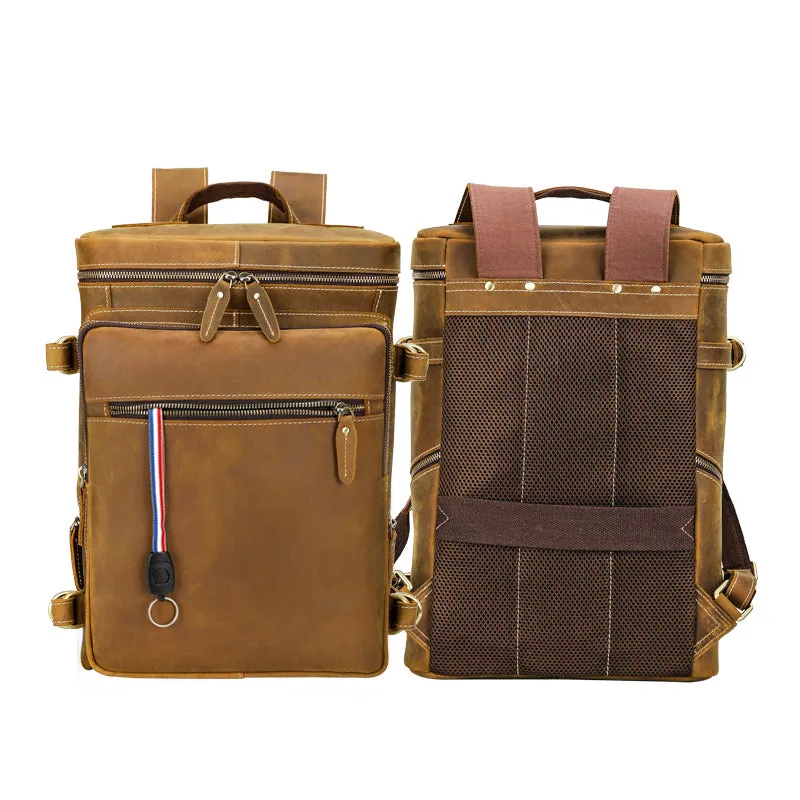 Brown Large Black Crazy Horse Leather Retro School Genuine Travel Laptop Backpack Bag for Men
