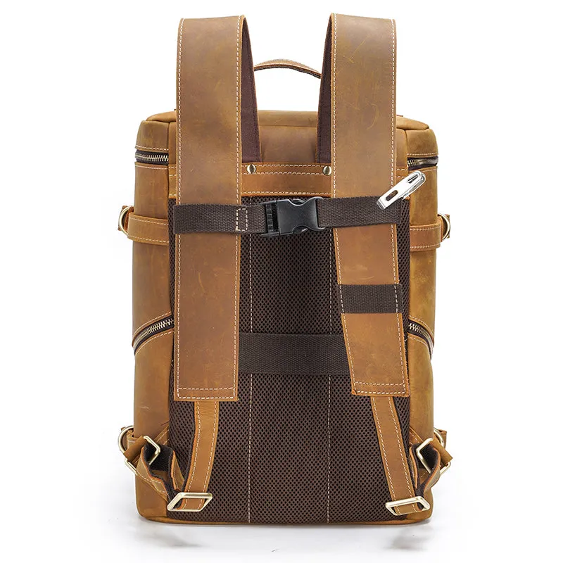 Brown Large Black Crazy Horse Leather Retro School Genuine Travel Laptop Backpack Bag for Men
