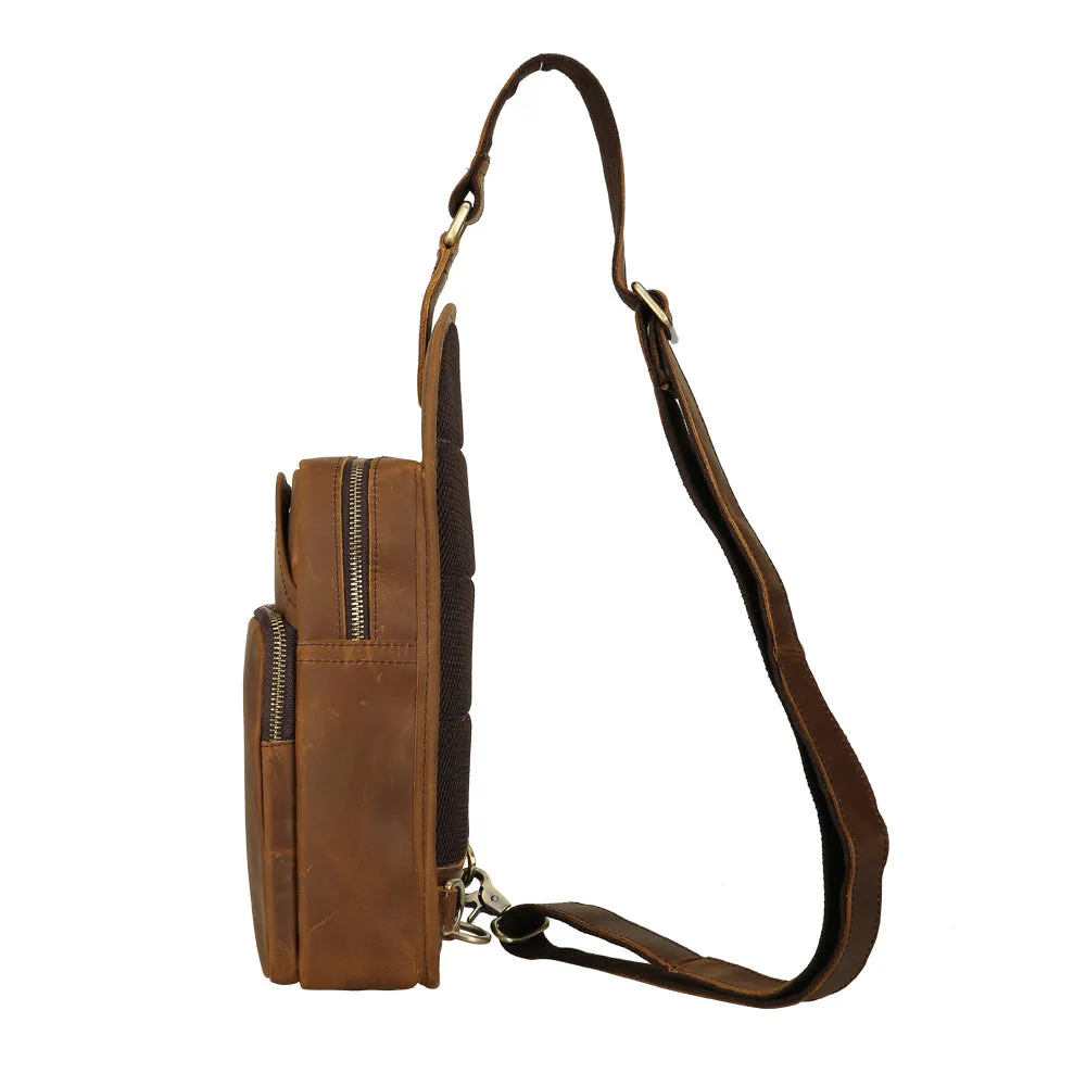 Business Travel One Shoulder Strap Backpack Crazy horse Leather Chest Sling Bag For Man