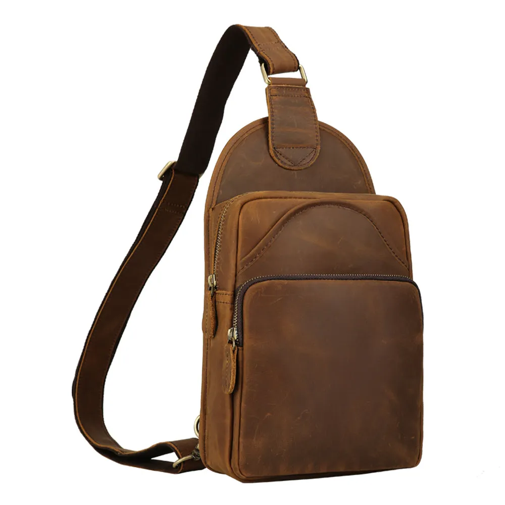 Business Travel One Shoulder Strap Backpack Crazy horse Leather Chest Sling Bag For Man