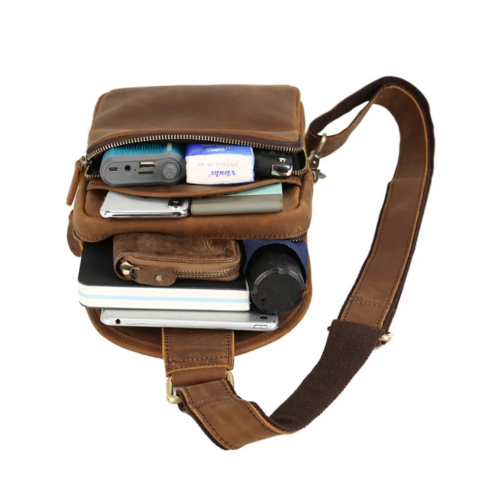 Business Travel One Shoulder Strap Backpack Crazy horse Leather Chest Sling Bag For Man