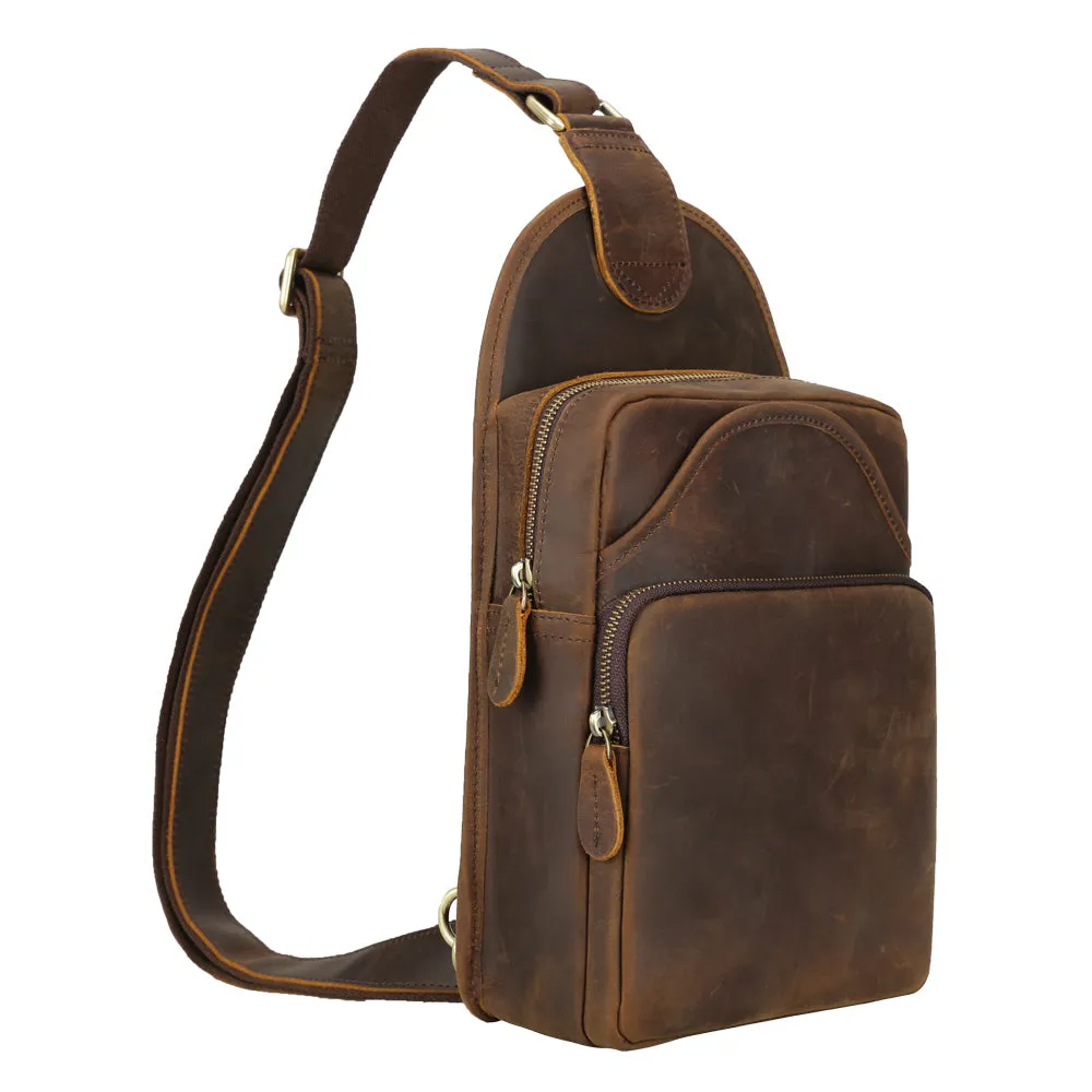 Business Travel One Shoulder Strap Backpack Crazy horse Leather Chest Sling Bag For Man
