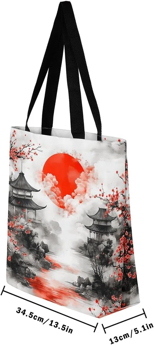 Castle Fairy Eastern Style Canvas Tote Bag 19.7x5.1 Inch Ink Painting Style Aesthetic Tote Bag for Adults Shopping Gym