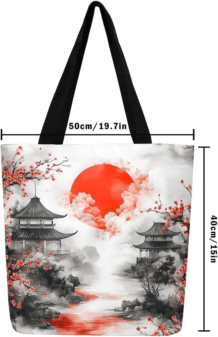 Castle Fairy Eastern Style Canvas Tote Bag 19.7x5.1 Inch Ink Painting Style Aesthetic Tote Bag for Adults Shopping Gym
