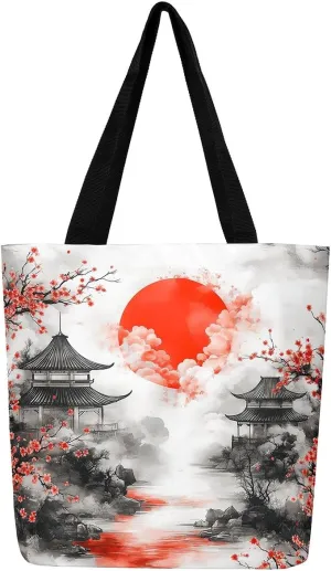 Castle Fairy Eastern Style Canvas Tote Bag 19.7x5.1 Inch Ink Painting Style Aesthetic Tote Bag for Adults Shopping Gym