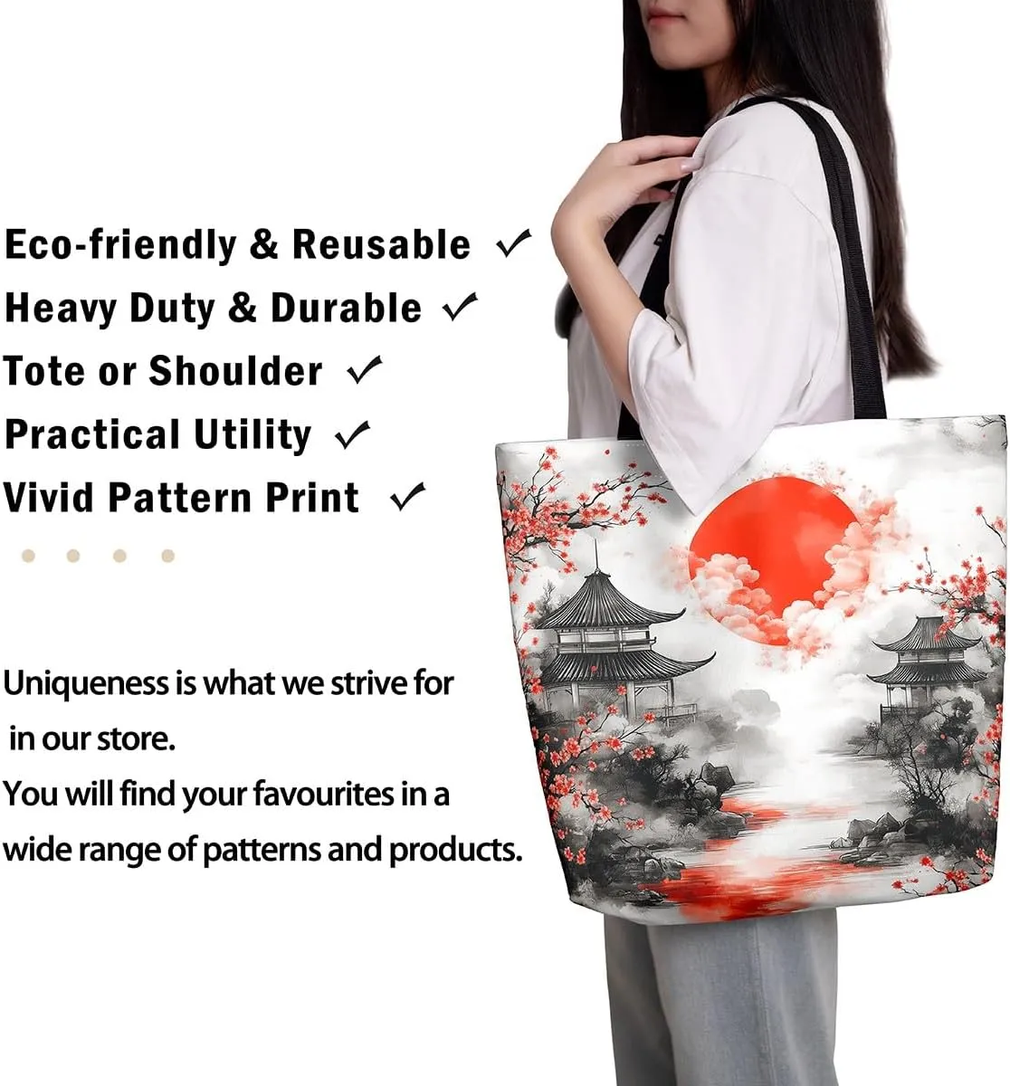 Castle Fairy Eastern Style Canvas Tote Bag 19.7x5.1 Inch Ink Painting Style Aesthetic Tote Bag for Adults Shopping Gym