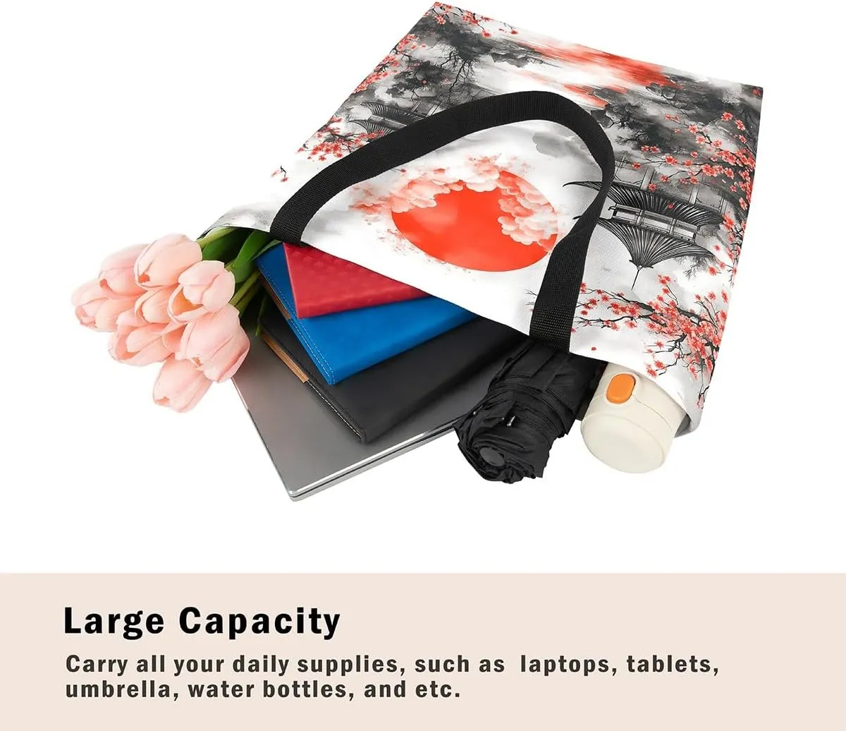 Castle Fairy Eastern Style Canvas Tote Bag 19.7x5.1 Inch Ink Painting Style Aesthetic Tote Bag for Adults Shopping Gym