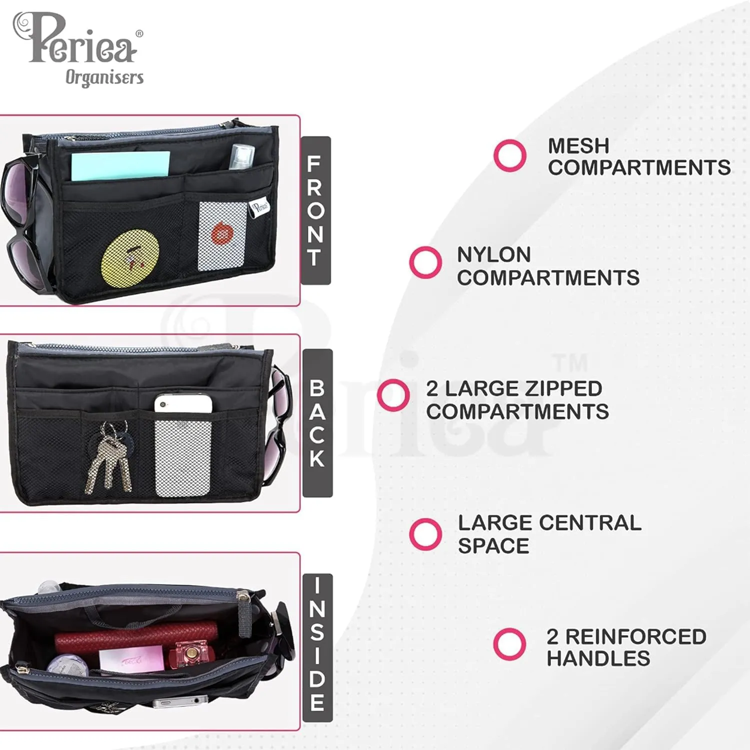 Chelsy Premium Rigid Purse or Organizer Insert (Medium, Black with Neon Yellow Zip)