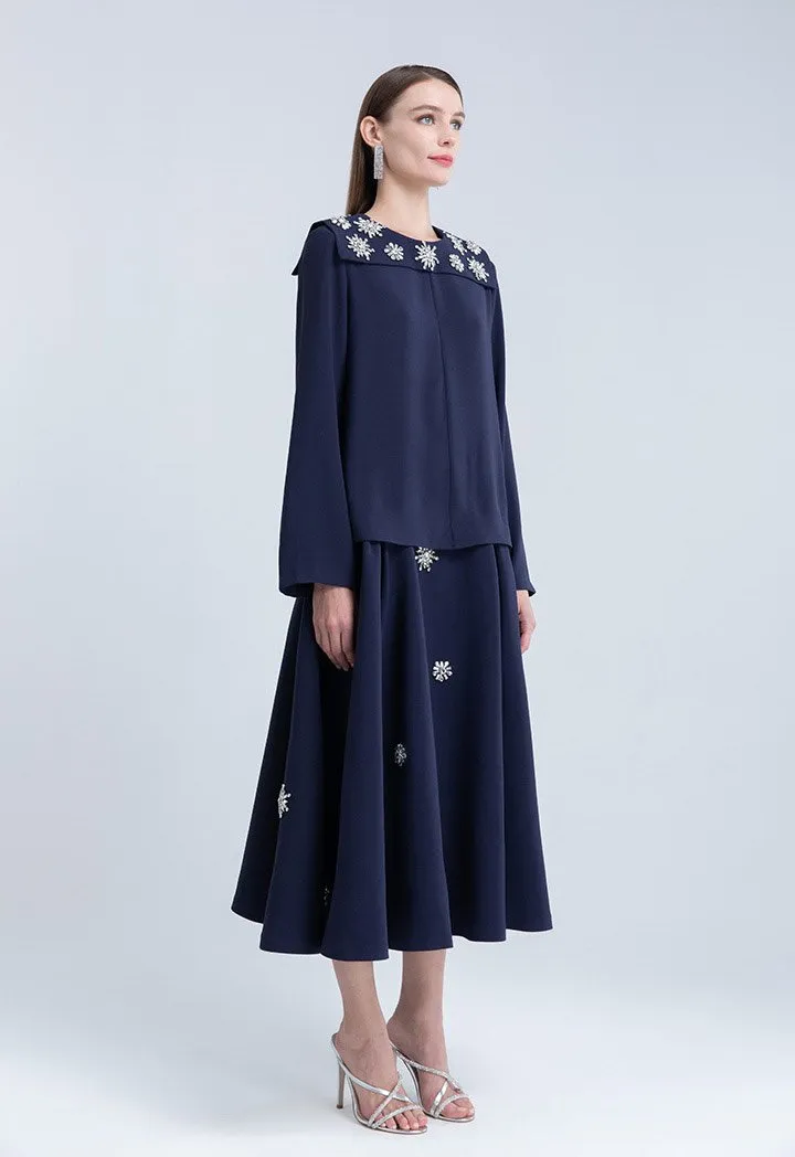 Choice Clear Crystal Embellished Long Sleeve Blouse Navy