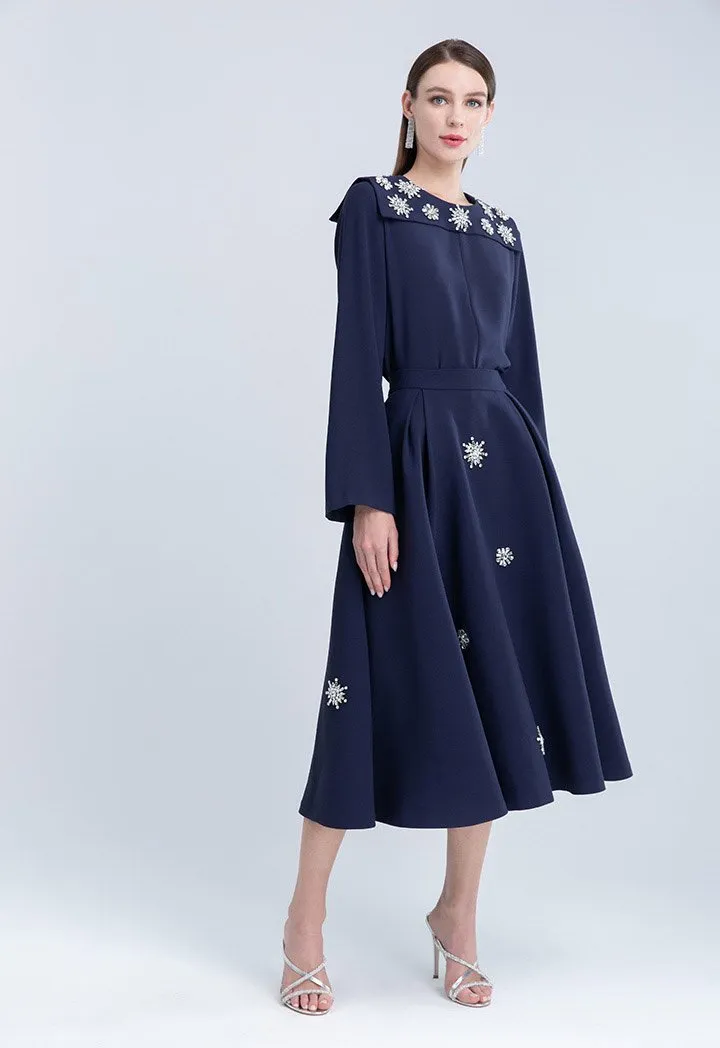 Choice Clear Crystal Embellished Long Sleeve Blouse Navy