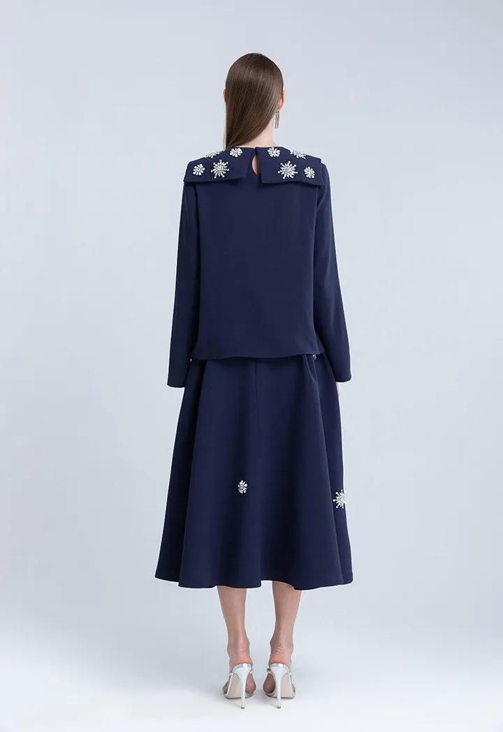 Choice Clear Crystal Embellished Long Sleeve Blouse Navy