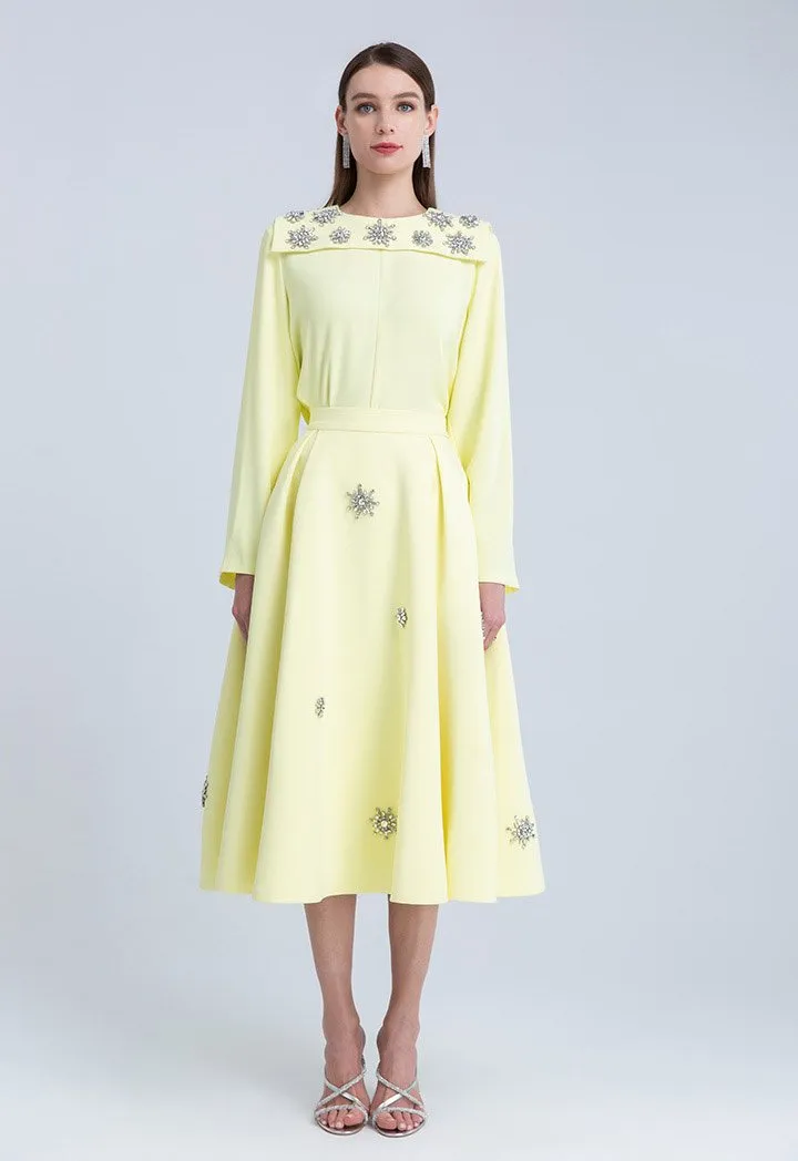 Choice Clear Crystal Embellished Long Sleeve Blouse Yellow