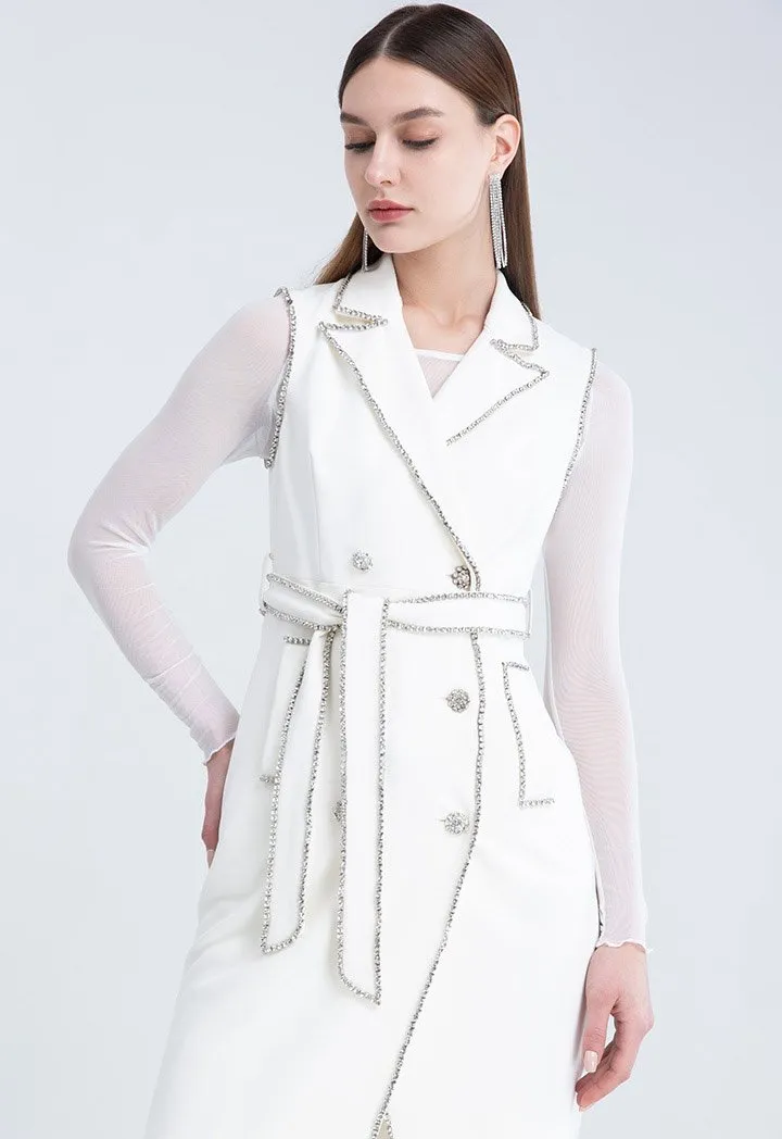 Choice Crystal Embellished Double Breasted Blazer Dress Set Off White