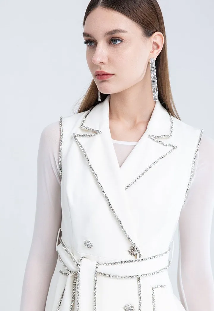 Choice Crystal Embellished Double Breasted Blazer Dress Set Off White
