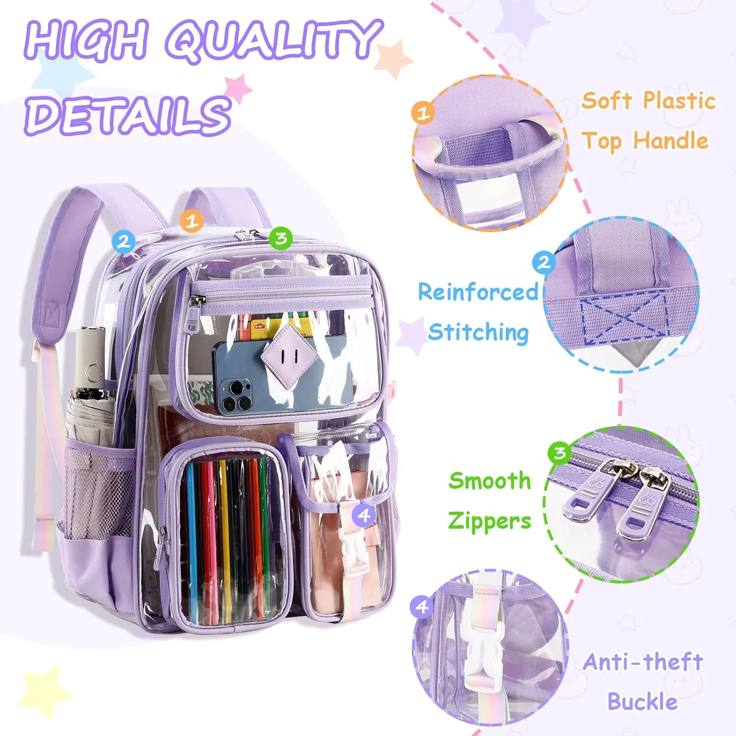 Clear Backpack for School,Heavy Duty PVC Transparent Bookbag for Girls Stadium Approved See Through Backpack