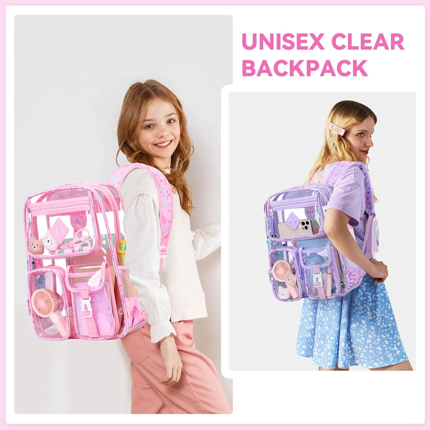 Clear Backpack for School,Heavy Duty PVC Transparent Bookbag for Girls Stadium Approved See Through Backpack