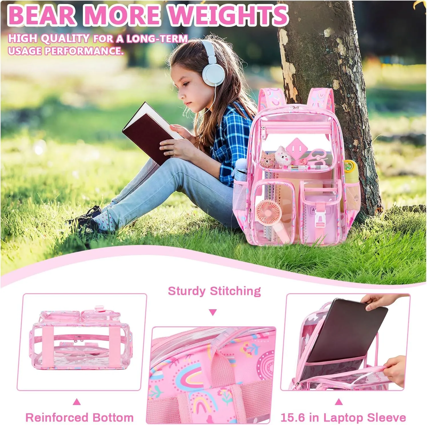 Clear Backpack for School,Heavy Duty PVC Transparent Bookbag for Girls Stadium Approved See Through Backpack