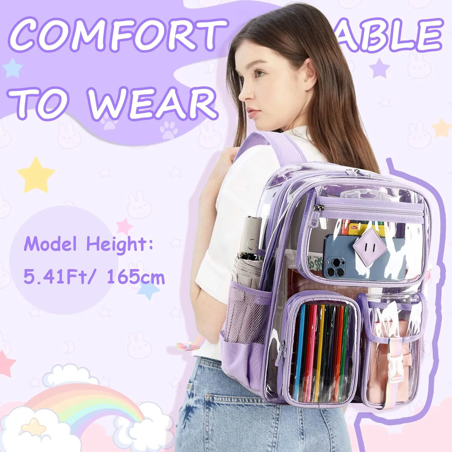Clear Backpack for School,Heavy Duty PVC Transparent Bookbag for Girls Stadium Approved See Through Backpack