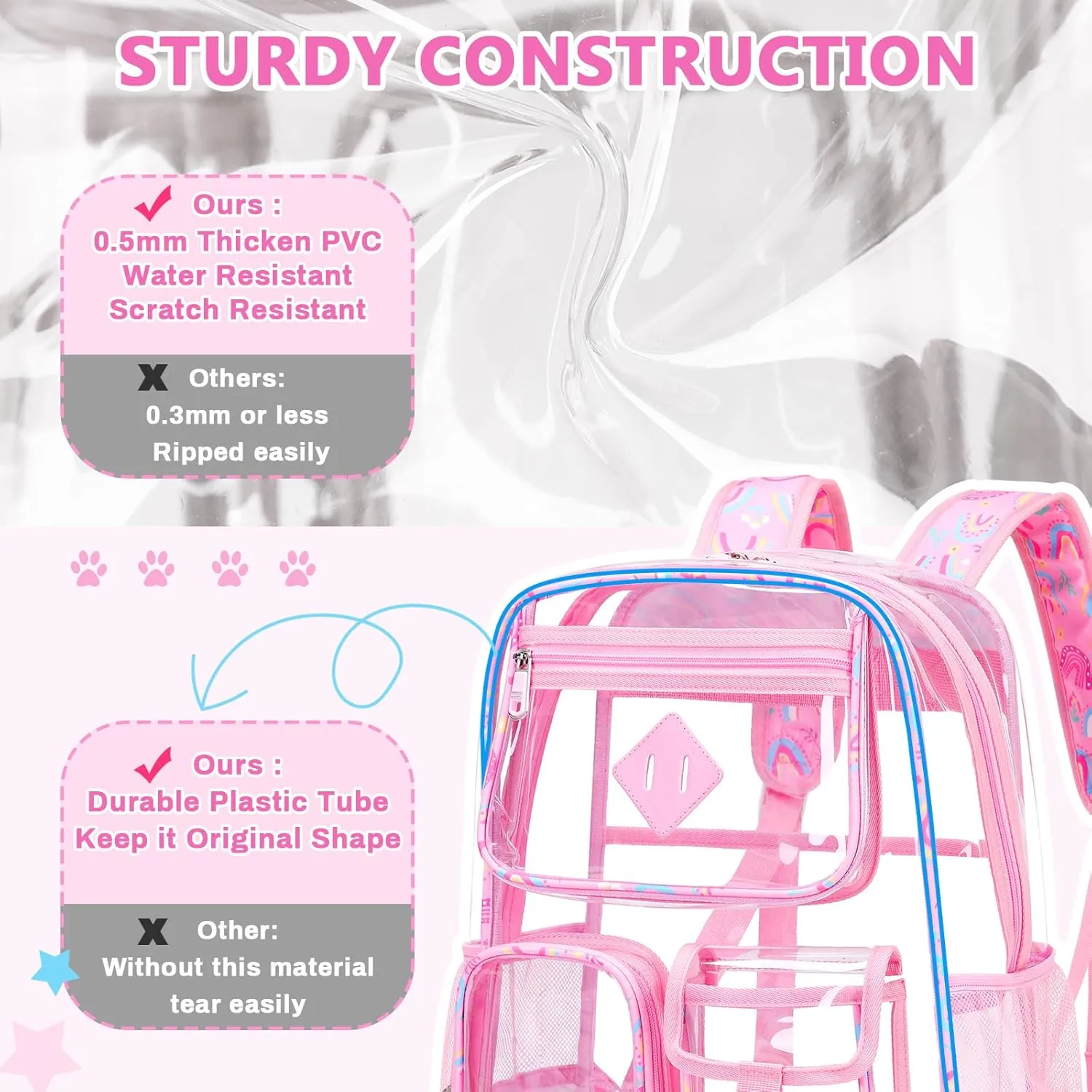 Clear Backpack for School,Heavy Duty PVC Transparent Bookbag for Girls Stadium Approved See Through Backpack