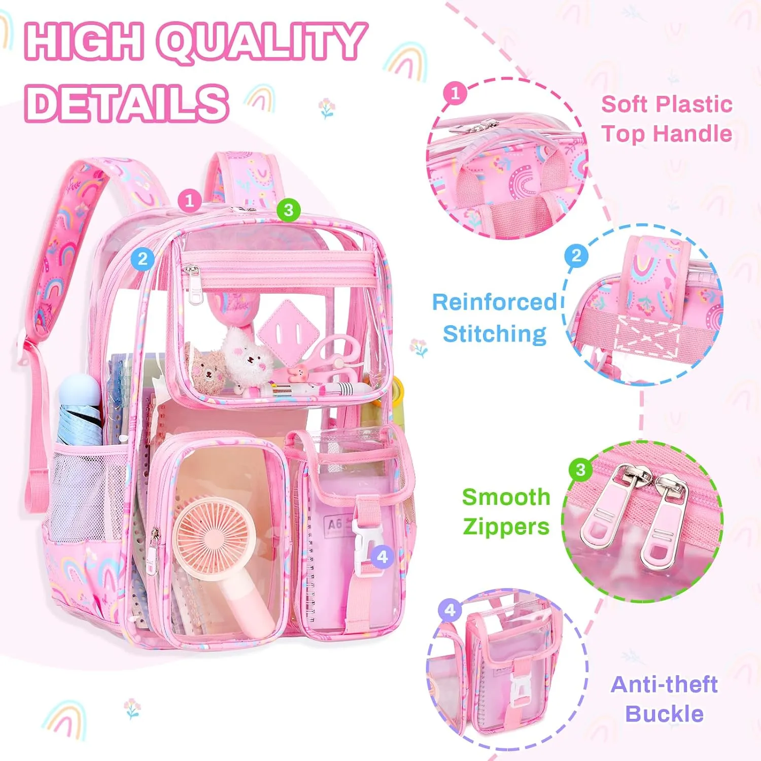 Clear Backpack for School,Heavy Duty PVC Transparent Bookbag for Girls Stadium Approved See Through Backpack