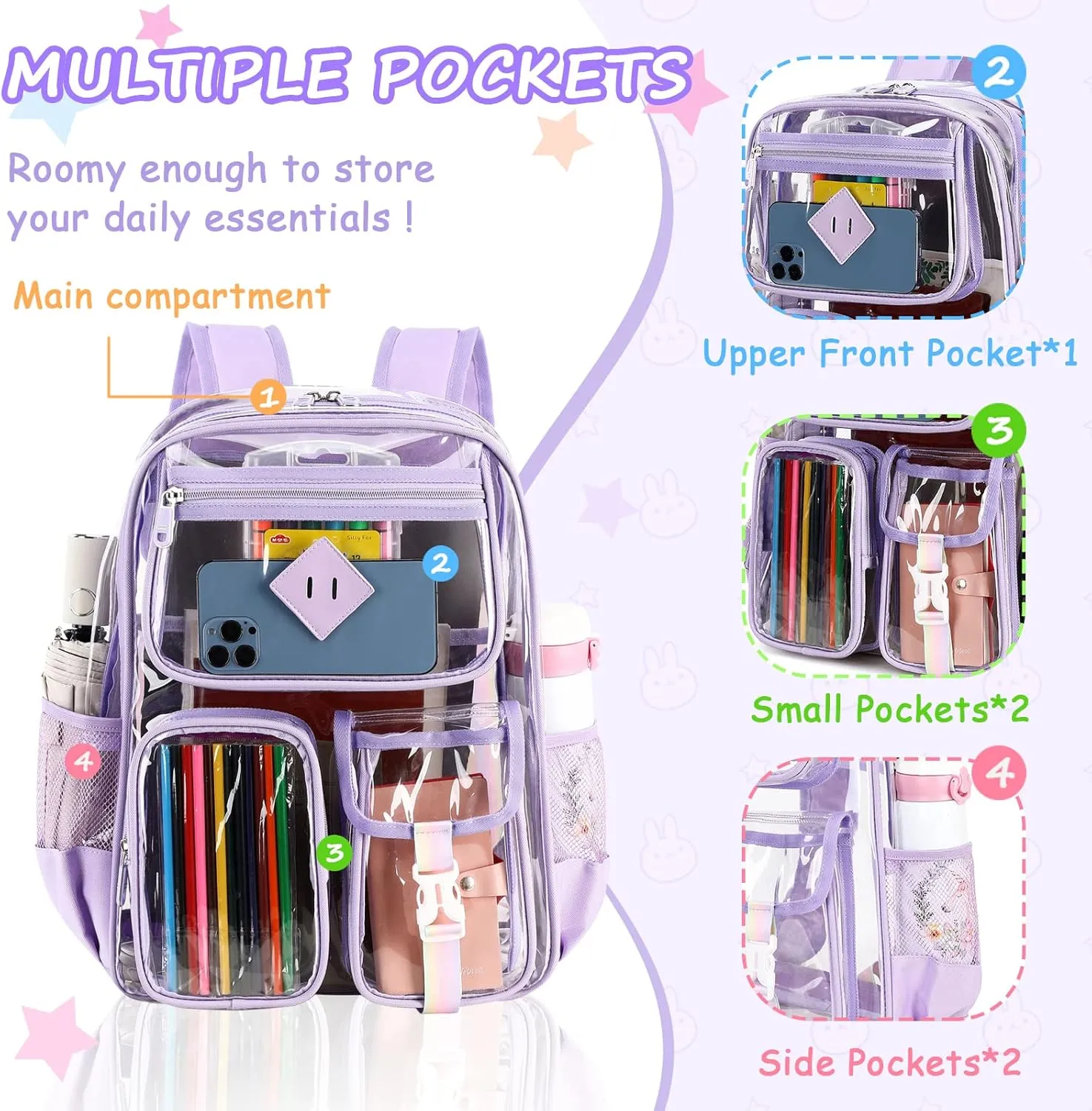 Clear Backpack for School,Heavy Duty PVC Transparent Bookbag for Girls Stadium Approved See Through Backpack