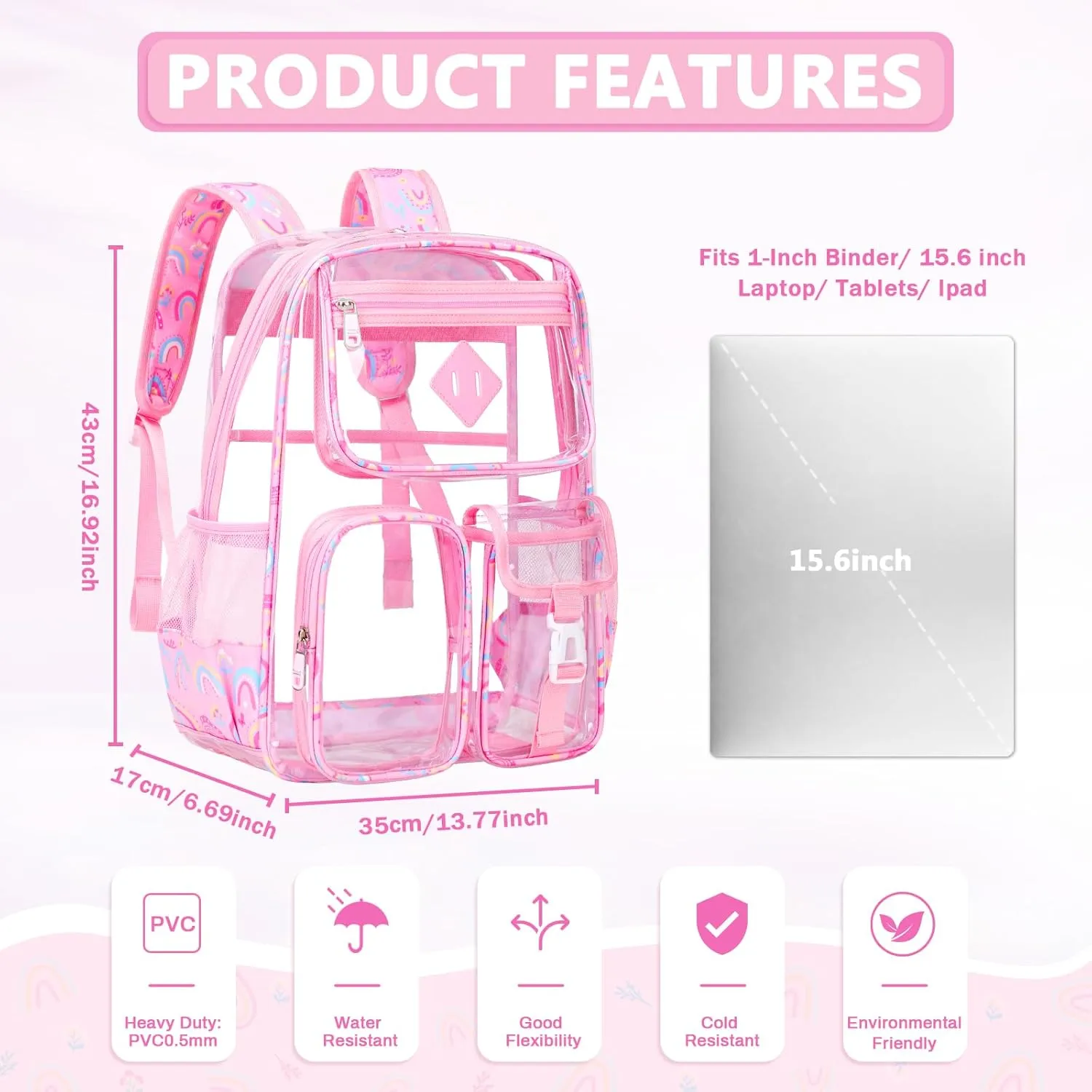 Clear Backpack for School,Heavy Duty PVC Transparent Bookbag for Girls Stadium Approved See Through Backpack