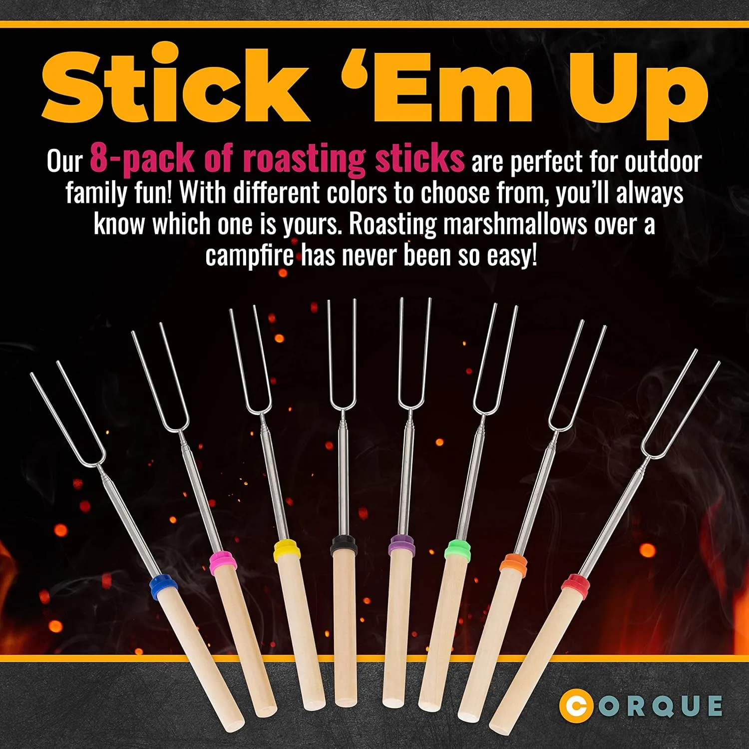 CORQUE Marshmallow Roasting Sticks, Smores Sticks, Extendable, Camping Skewer for Fire Pit, Wooden Handle, 32inch Metal for BBQ Hotdog, Cooking, Campfires, Bonfires, Set of 8