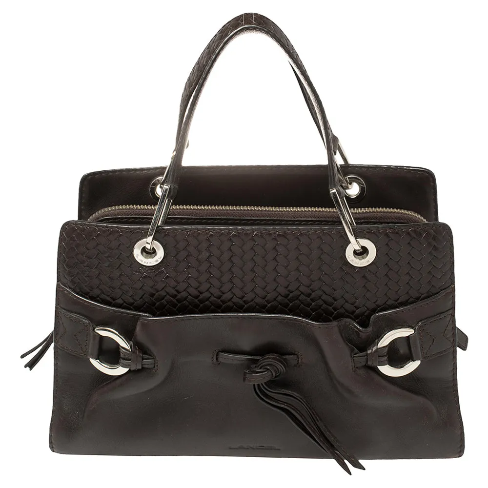 Dark Brown Braided Leather Front Pocket Tote