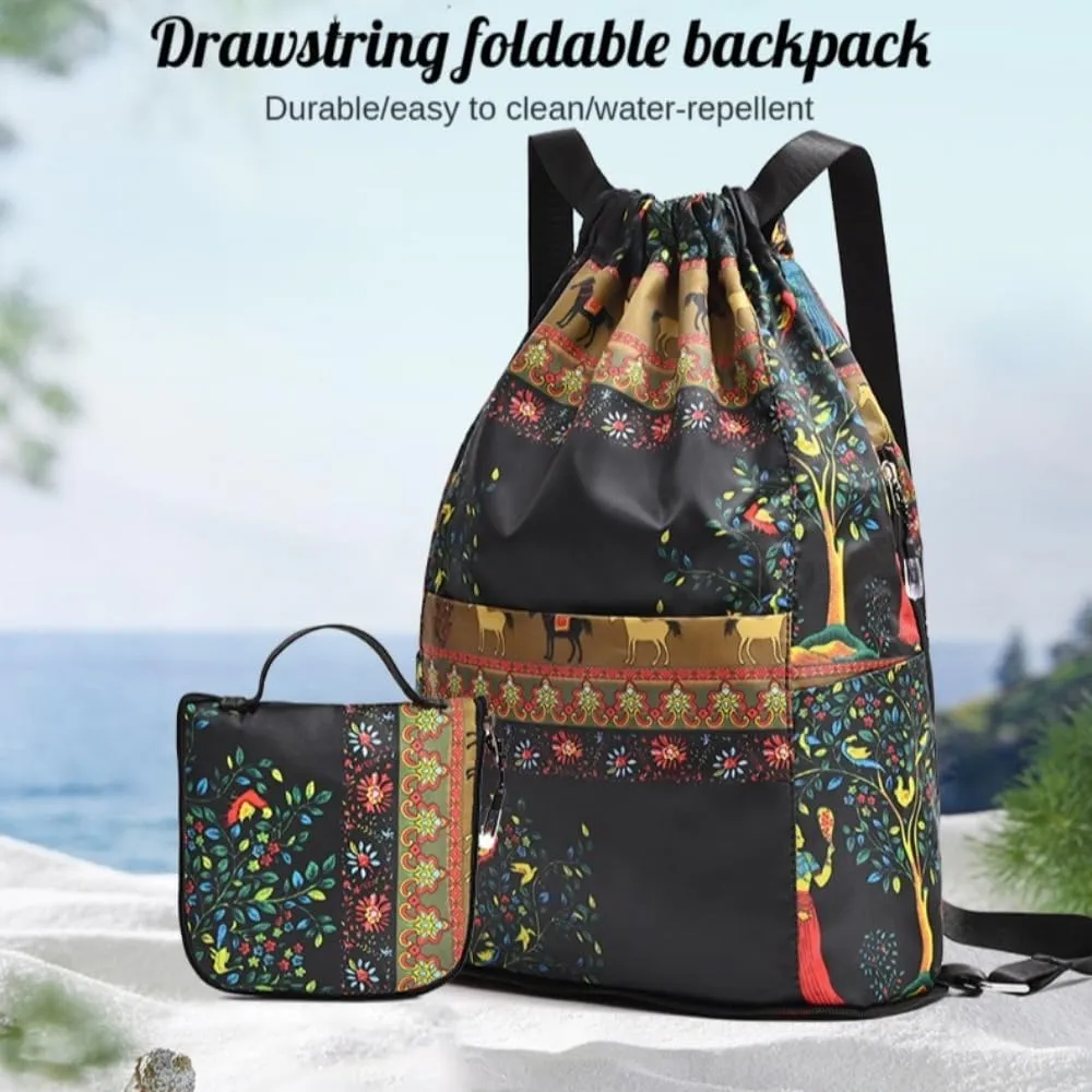 Drawstring Foldable Large Capacity Dry-wet Travel Sports BackpackLightweight Travel Backpack (leaves)