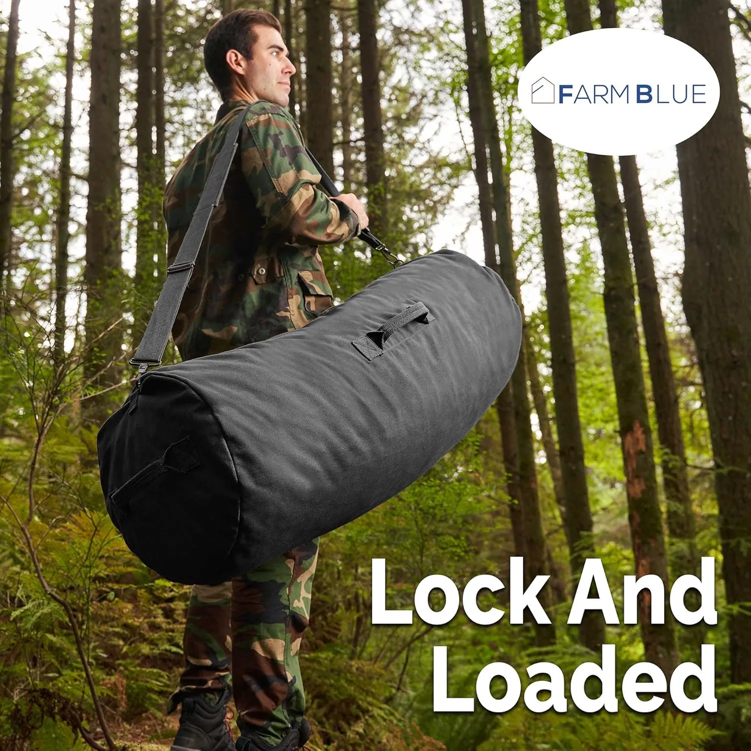 Farm Blue GI Style Zipper Duffel Bag Black - XL Heavy Duty Army Duffle Bags - Military Grade Cotton Canvas Duffle Bag - Reinforced Camping Bag - Strong Zipper & Center Grab Handle (Black, XL)
