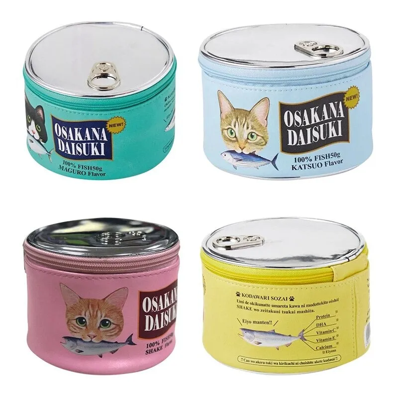 Funny Canned Cat Food Style Zippered Vegan Leather Cosmetic Storage Bags