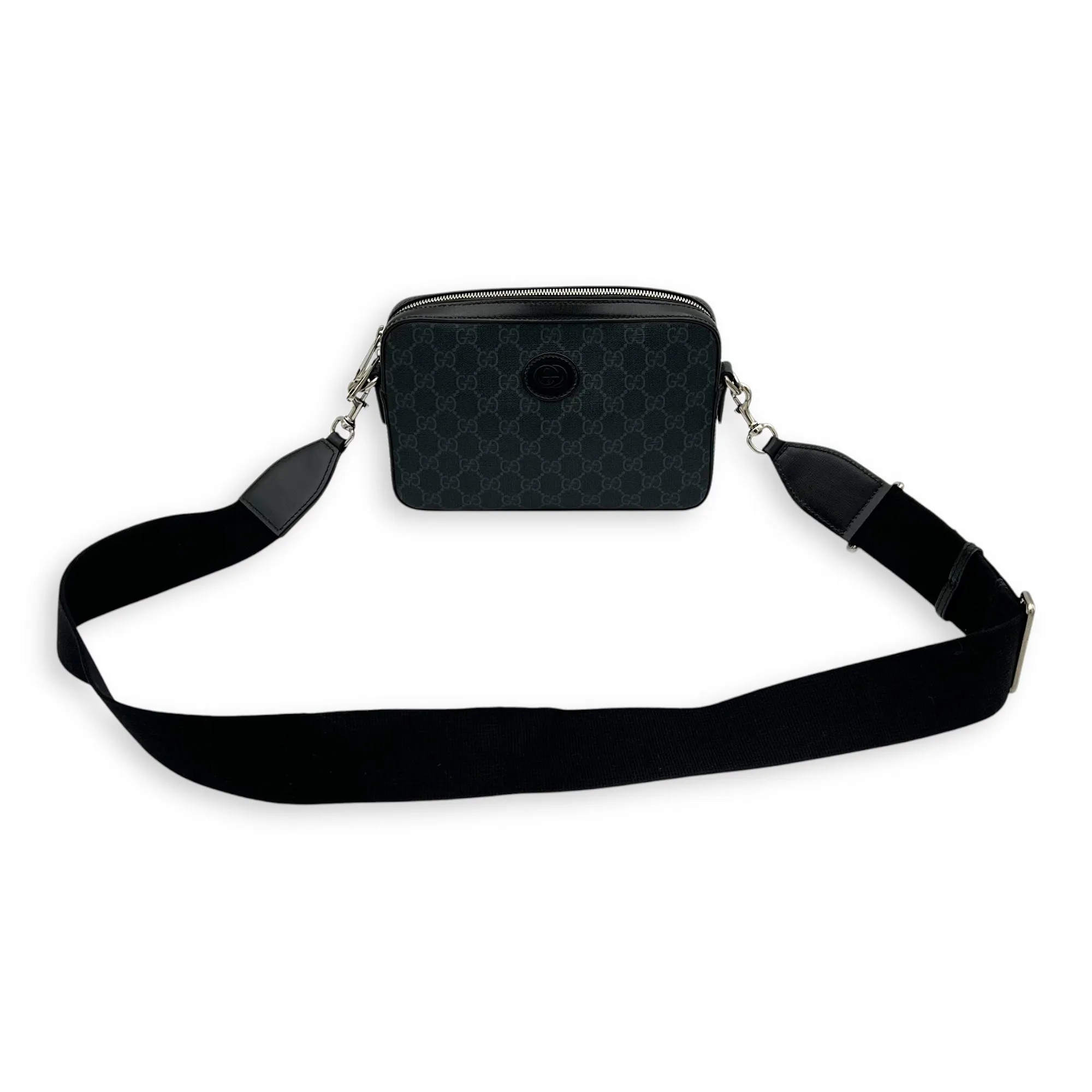 GG Supreme Black Crossbody Bag in Coated Canvas, Silver hardware