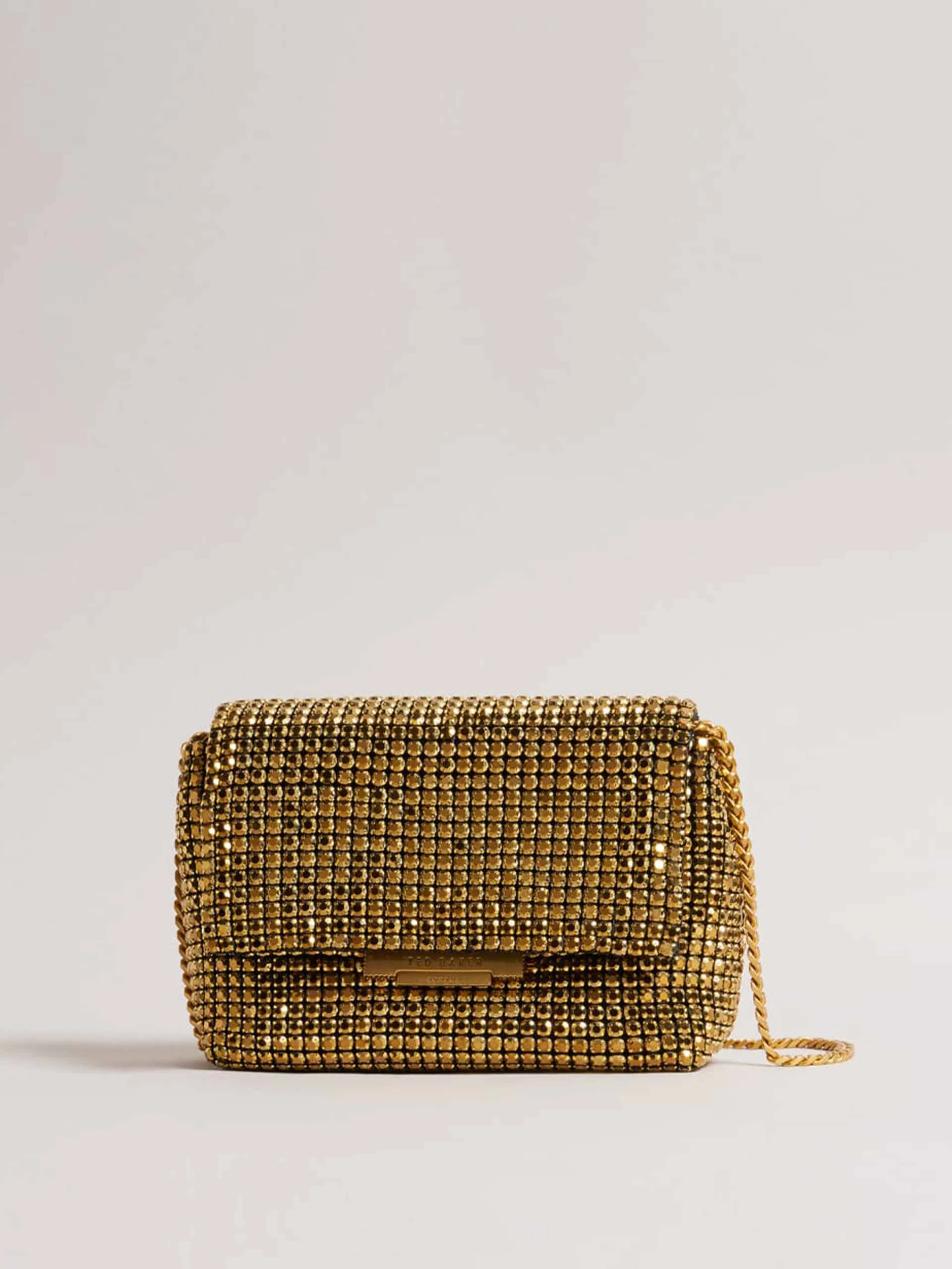 Gold crystal embellished cross body bag