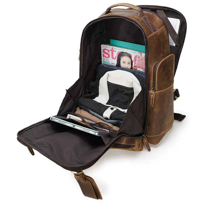 Hot Vintage Brown Crazy Horse Genuine Leather Mens Travel Laptop Backpack Bag