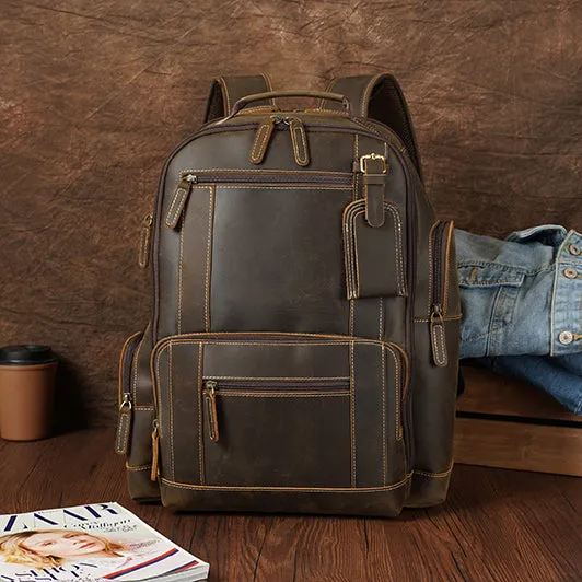 Hot Vintage Brown Crazy Horse Genuine Leather Mens Travel Laptop Backpack Bag